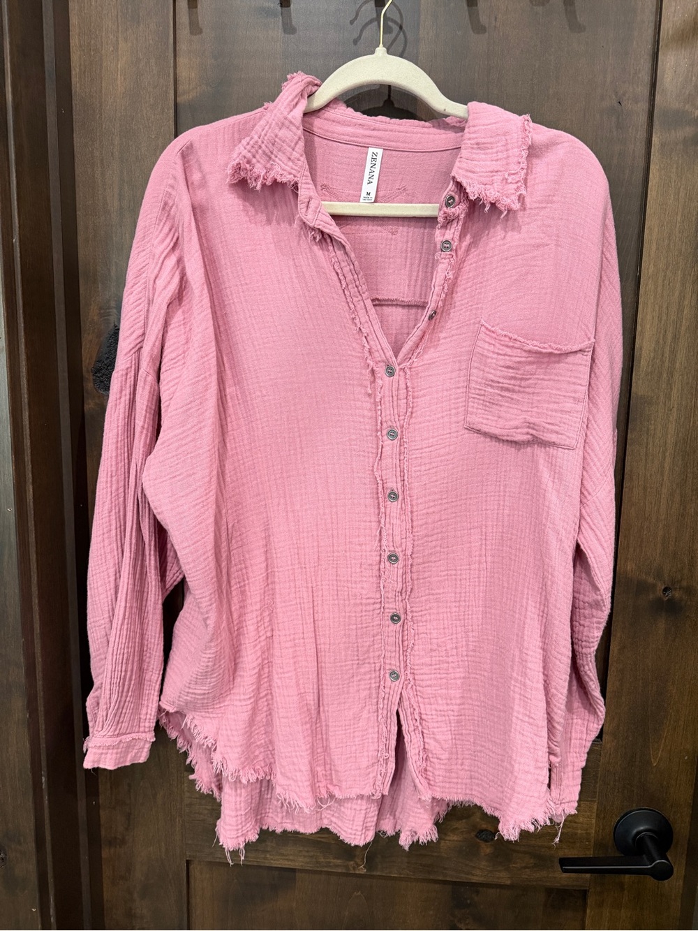 Z Supply Pink Raw-Edge Button Front Gauze Shirt